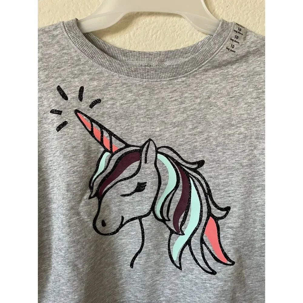 Justice Active Sparkle Glitter Unicorn Long Sleeve Crop Sweatshirt Top Size 10